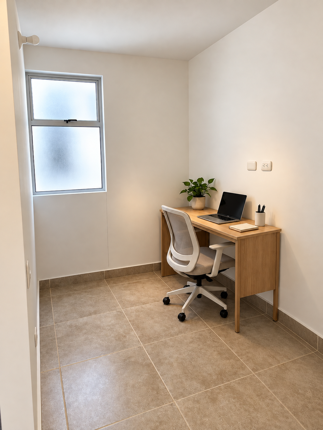 Capriella office room with wooden desk, ergonomic chair and window