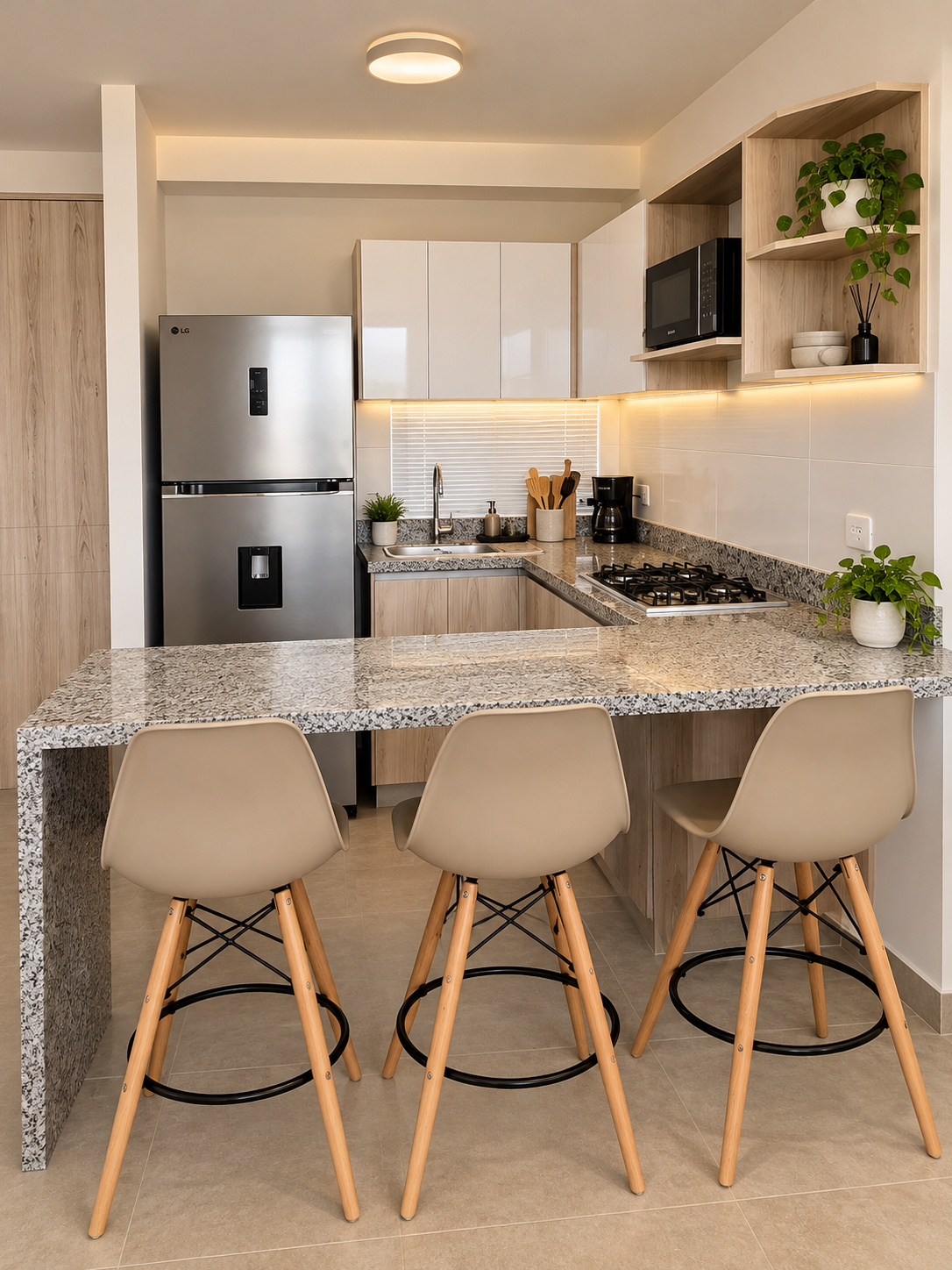 Capriella kitchen with granite breakfast bar, three stools, stainless refrigerator, gas stove and microwave