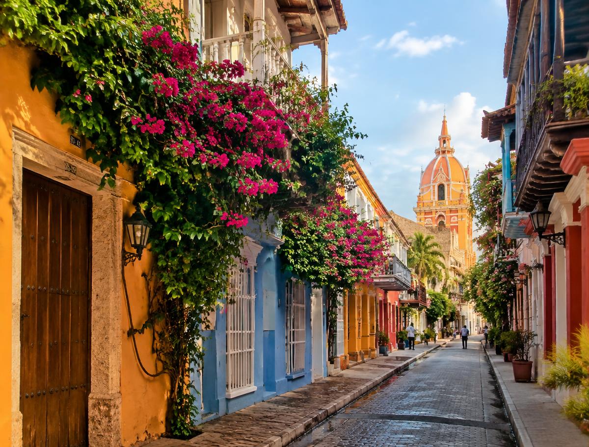 Colorful colonial street in Cartagena's Walled City